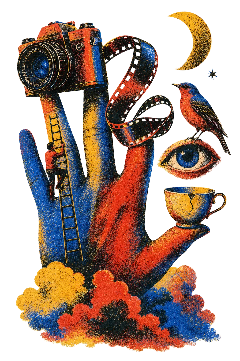 A surreal Risograph composition fusing a hand, camera, film, ladder, bird, eye, cup and moon.